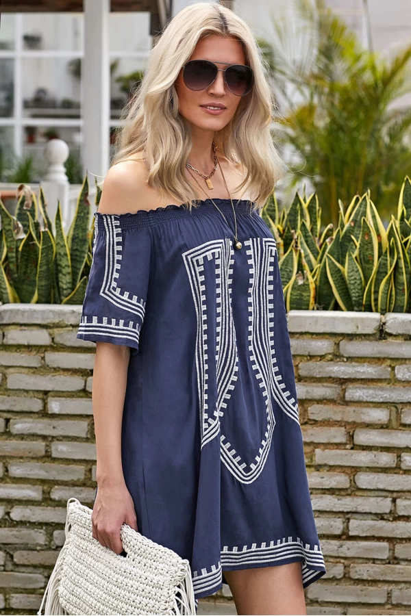 Blue Bohemian Vibe Printed Off The Shoulder Cover Up Dress 
